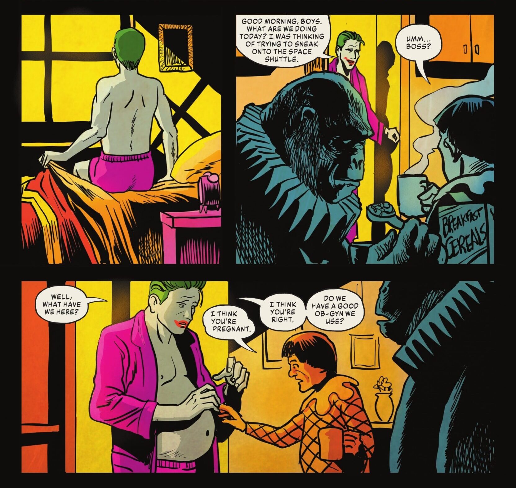 The Joker, Gaggy, and Jackanapes make a surprising discovery in The Man Who Stopped Laughing Vol. 1 #4 "Knocked Upside Down!" (2023), DC Comics. Words by Matthew Rosenberg, art by Francesco Francavilla.