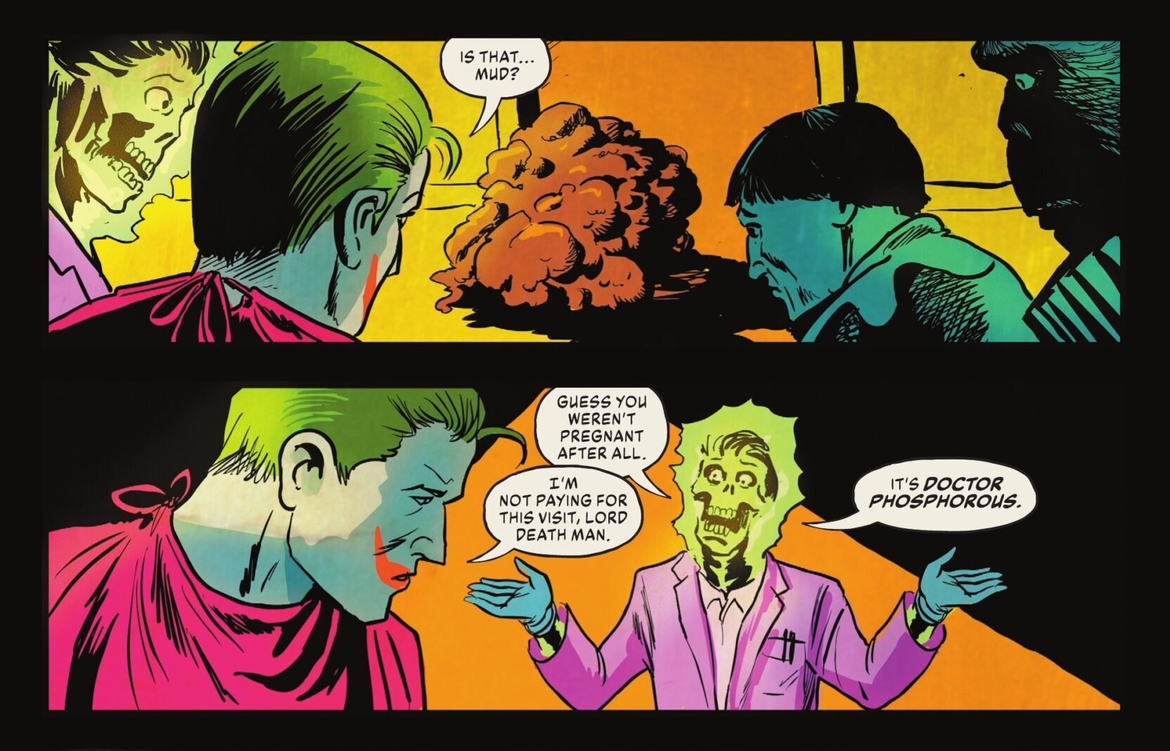 The Joker confronts his fetus in The Man Who Stopped Laughing Vol. 1 #4 "Knocked Upside Down!" (2023), DC Comics. Words by Matthew Rosenberg, art by Francesco Francavilla.