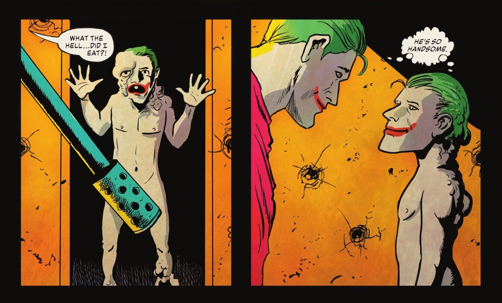 The Joker meets his 'son' in The Man Who Stopped Laughing Vol. 1 #4 "Knocked Upside Down!" (2023), DC Comics. Words by Matthew Rosenberg, art by Francesco Francavilla.