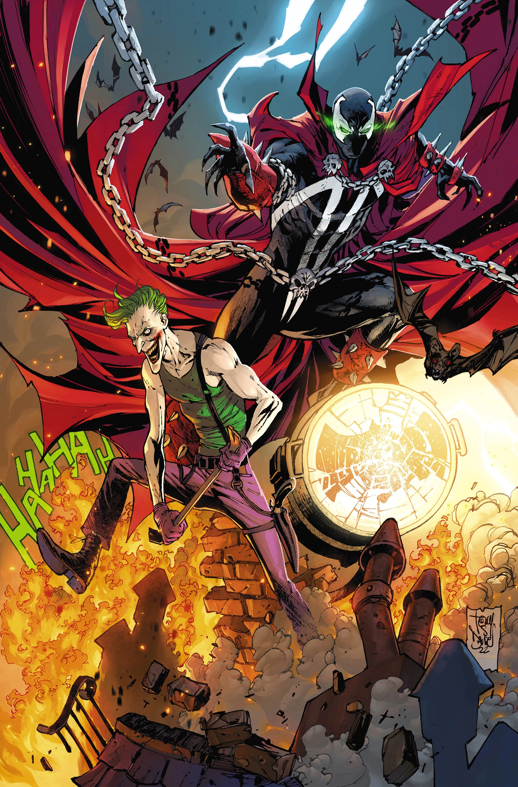 The Clown Prince of Crime teams up with the Angel of Armageddon on Tony S. Daniel and Tomeu Morey's Spawn variant cover to The Joker: The Man Who Laughs Vol. 1 #3 (2023), DC Comics