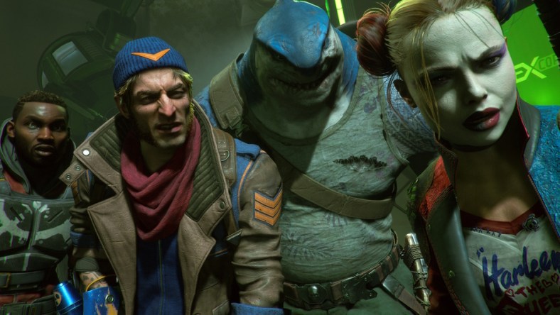 Deadshot, Captain Boomerang, King Shark, and Harley Quinn stare on in various states of confusion and shock via Suicide Squad: Kill the Justice League (2023), Rocksteady Games