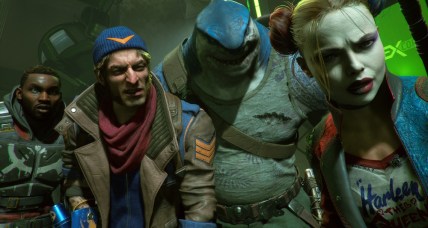 Deadshot, Captain Boomerang, King Shark, and Harley Quinn stare on in various states of confusion and shock via Suicide Squad: Kill the Justice League (2023), Rocksteady Games