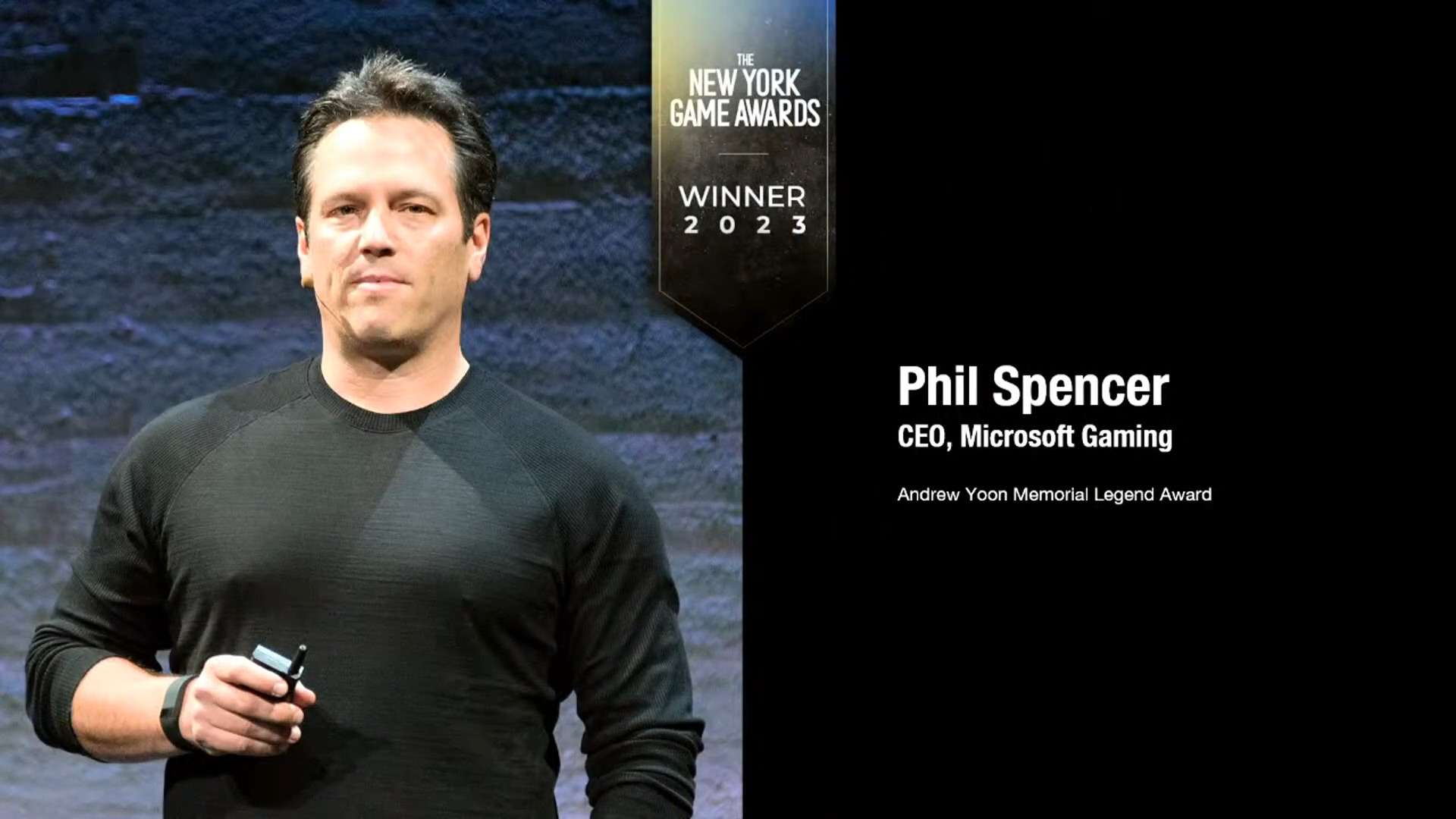Xbox head Phil Spencer receives the 2022 New York Game Awards' Andrew Yoon Memorial Legend Award