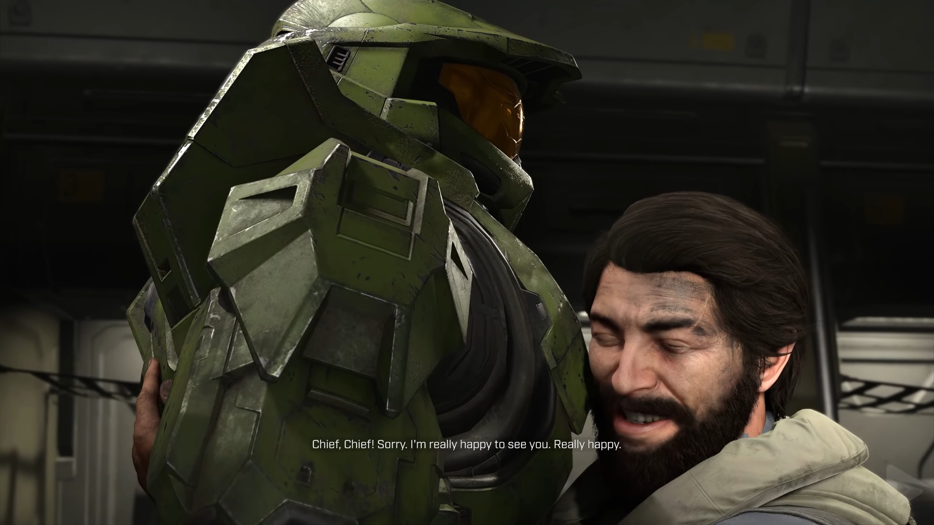 Fernando Esparza (Nicholas Roye) is overjoyed to see the Master Chief (Bruce Thomas) survived his fight against Harbinger in Halo Infinite (2021), 343 Industries