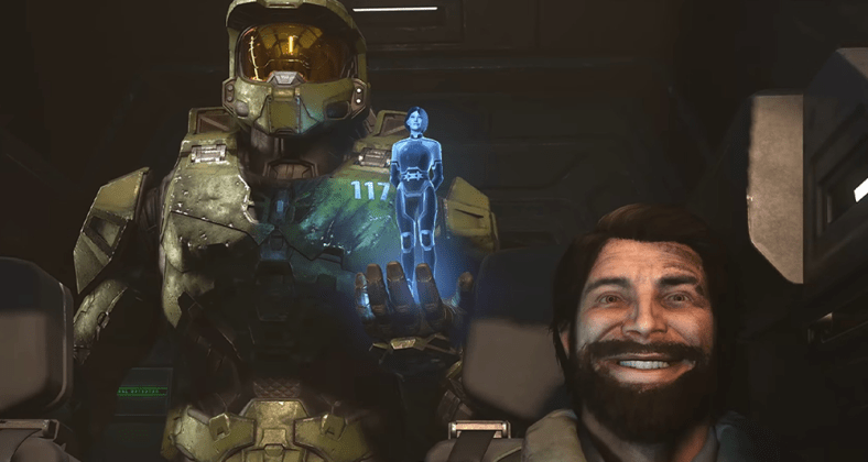 Master Chief (Bruce Thomas), Cortana (Jennifer Taylor) and Fernando Esparza (Nicholas Roye) look toward their next adventure in the ending to Halo Infinite (2021), 343 Industries