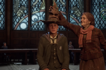Deputy Headmistress Professor Matilda Weasley places the Sorting Hat on the player character's head via Hogwarts Legacy (2022), Warner Bros. Interactive Entertainment