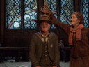 Deputy Headmistress Professor Matilda Weasley places the Sorting Hat on the player character's head via Hogwarts Legacy (2022), Warner Bros. Interactive Entertainment