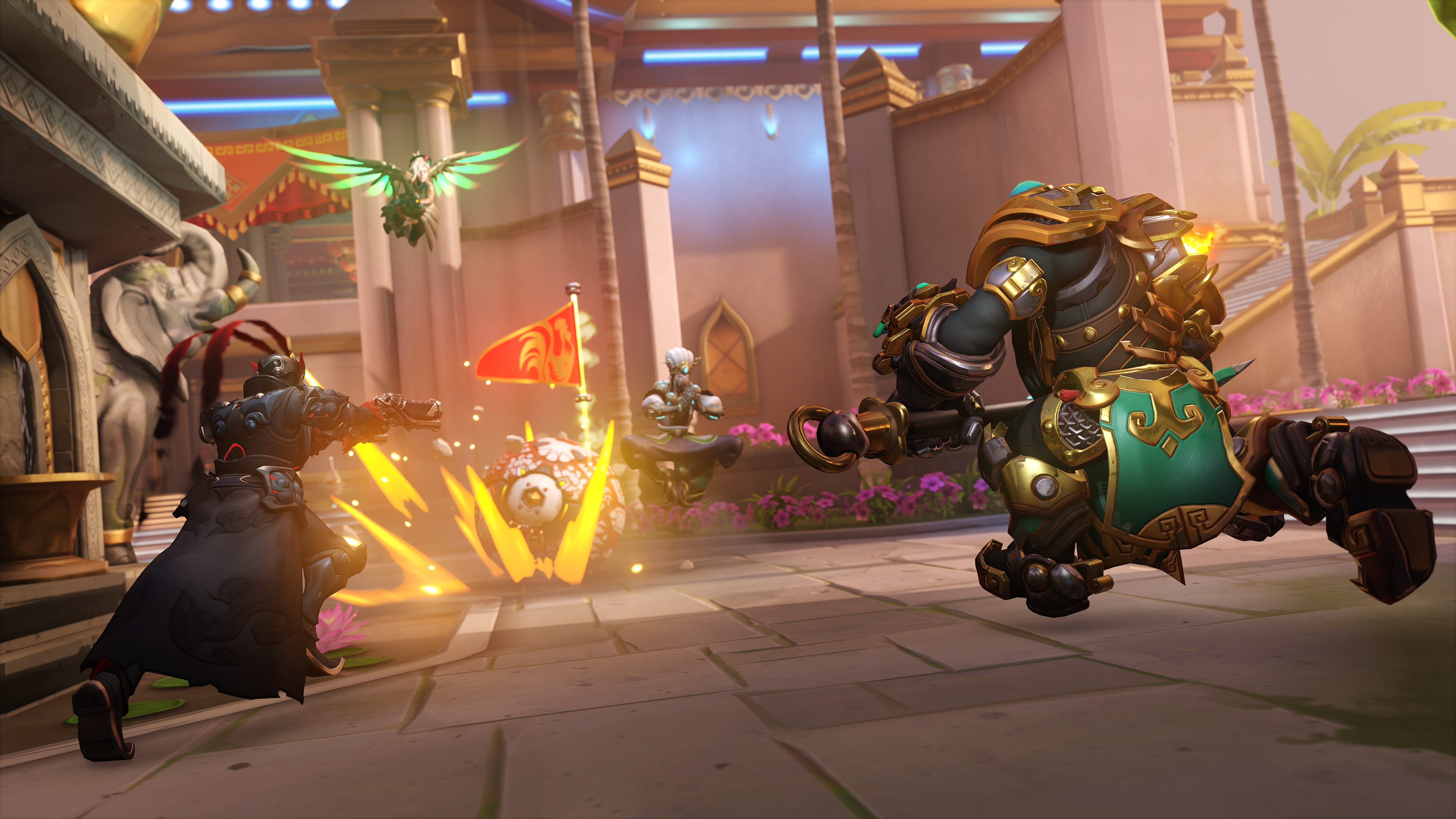 Reaper, Mercy, Wrecking Ball, Zenyatta, and Reinhardt duke it out in Capture The Flag- all in their Lunar New Year 2023 skins via Overwatch 2 (2022), Blizzard Entertainment