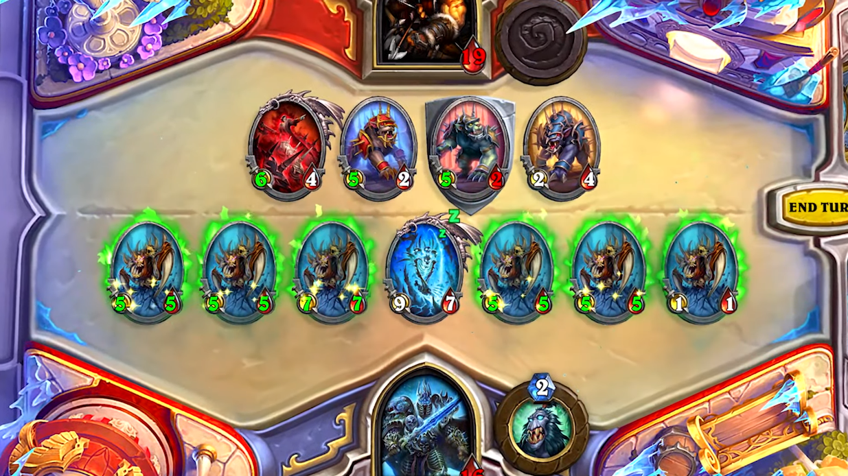 A player floods the board with units thanks to the new cards in the March of the Lich King expansion via Hearthstone (2014), Blizzard Entertainment