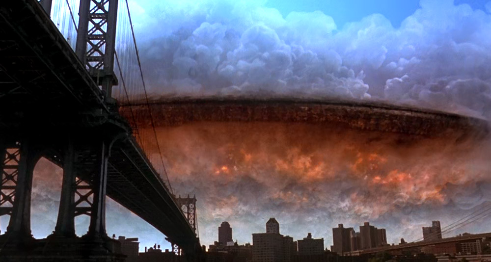 An alien saucer arrives on Earth in 'Independence Day' (1996), 20th Century Fox