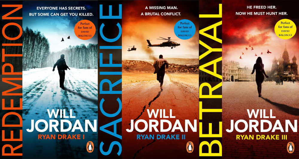 Composite image of the covers of the first three novels in Will Jordan's Ryan Drake series.