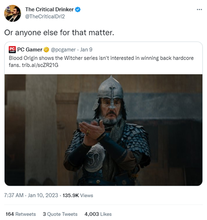 Will Jordan quote tweets a response to a PC Gamer article about 'The Witcher: Blood Origin.'