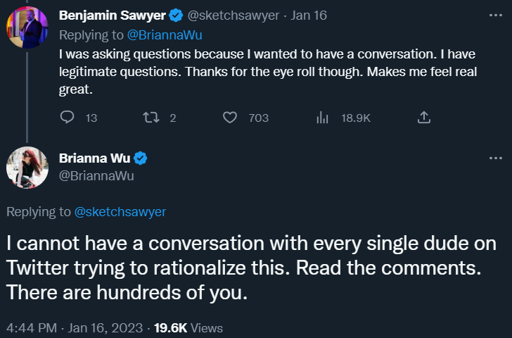 Archive Link Brianna Wu refuses to engage with Benjamin Sawyer over her push for a Hogwarts Legacy boycott, and any flaws it may have via Twitter