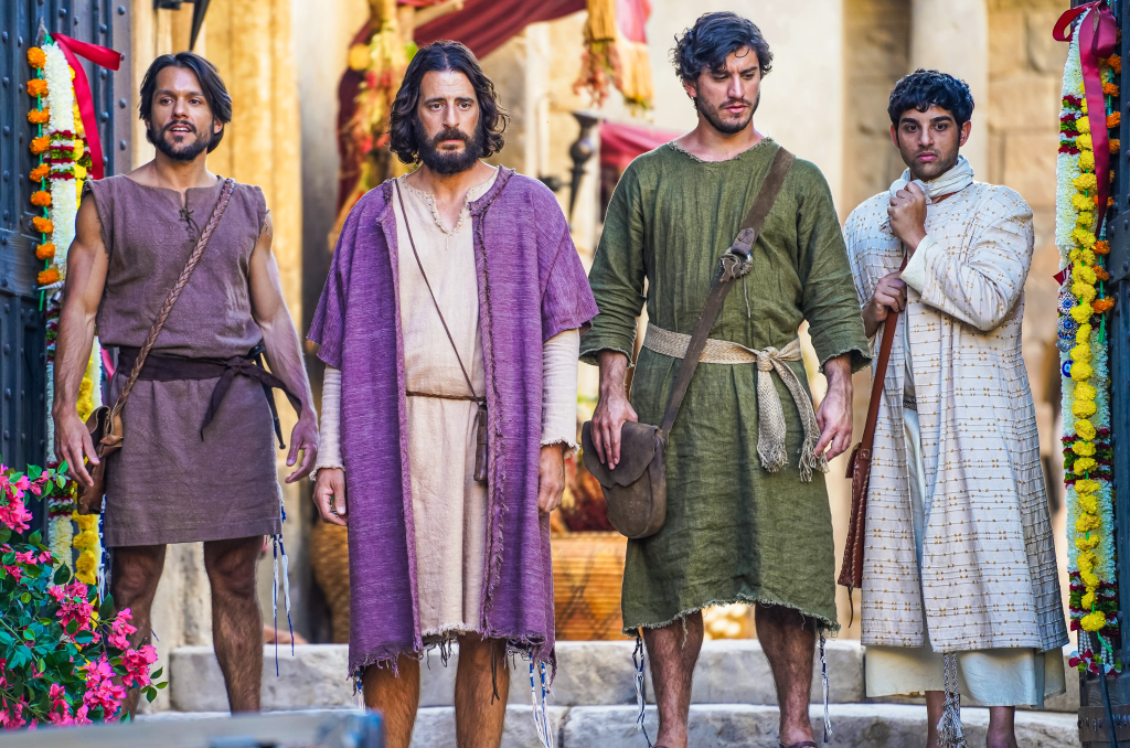 Shahar Isaac as Simon Peter, Jonathan Roumie as Jesus, George H. Xanthis as John, and Paras Patel as Matthew in The Chosen Season 2