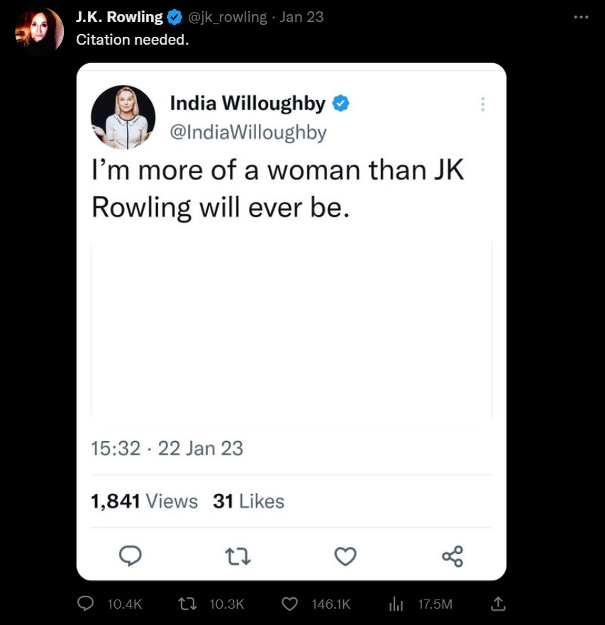 J.K. Rowling embarrasses India Willoughby with a sharp comeback on her Twitter account