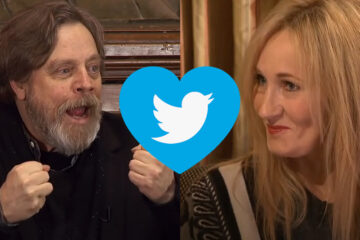 Split image of Mark Hamill and J.K. Rowling with a Twitter heart graphic