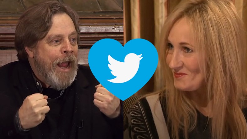 Split image of Mark Hamill and J.K. Rowling with a Twitter heart graphic