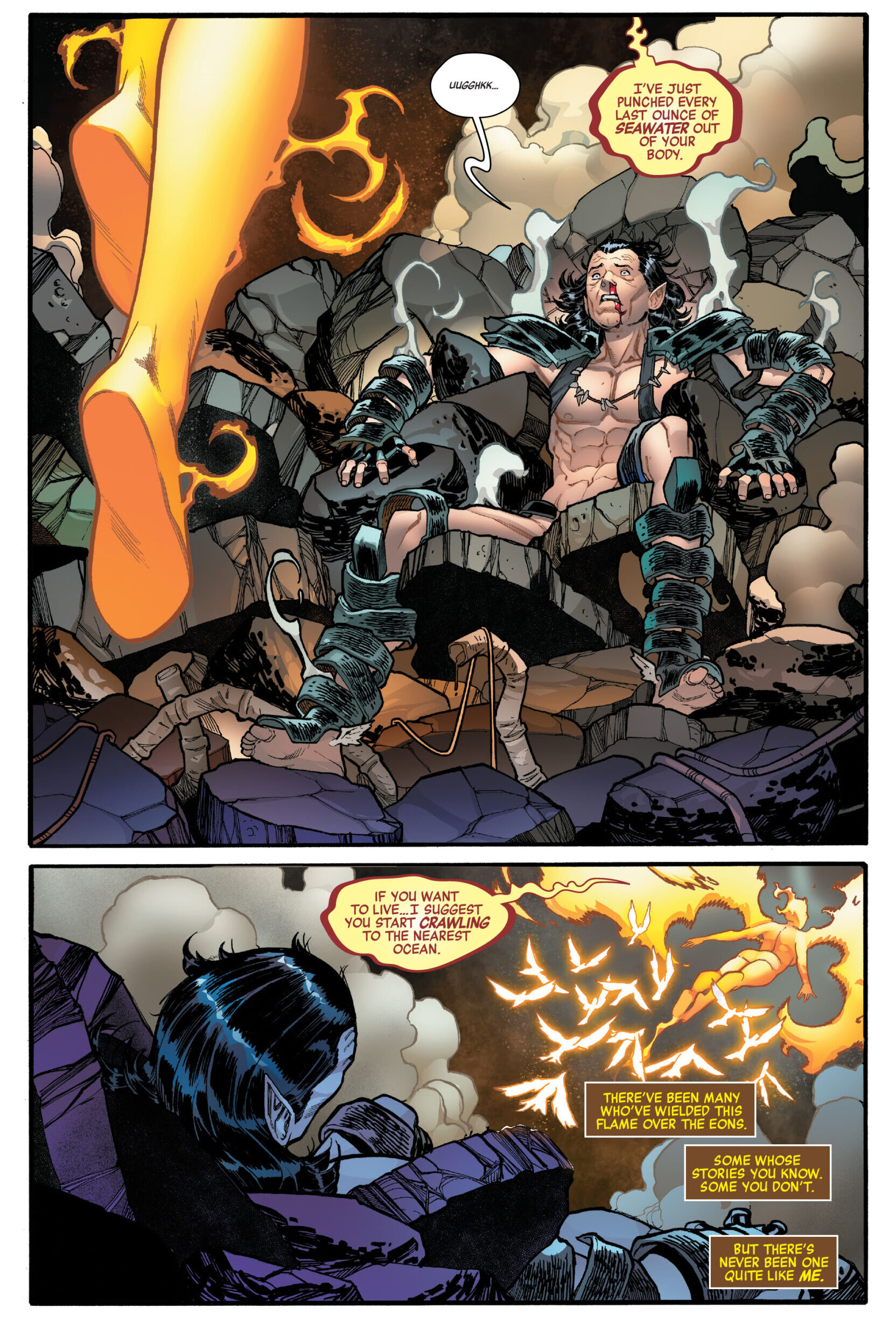 Echo takes the mantle of 'Phoenix' from Namor in Avengers Vol. 8 #44 "Enter the Phoenix - Part Five: I Am... Phoenix!" (2021), Marvel Comics. Words by Jason Aaron, art by Javier Garrón, David Curiel, and Cory Petit.