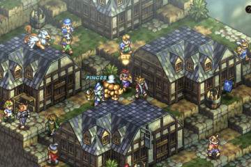 The player's party fights off foes- human and monster alike- within a village via Tactics Ogre: Reborn (2022), Square Enix