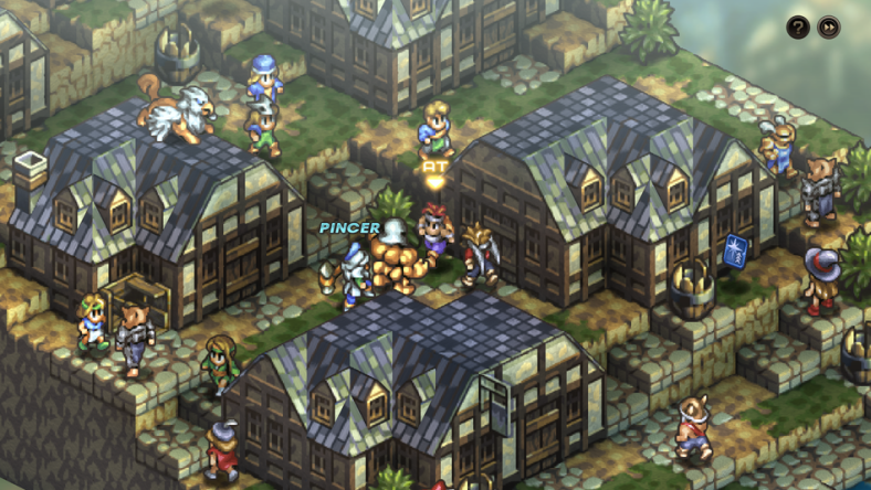 The player's party fights off foes- human and monster alike- within a village via Tactics Ogre: Reborn (2022), Square Enix