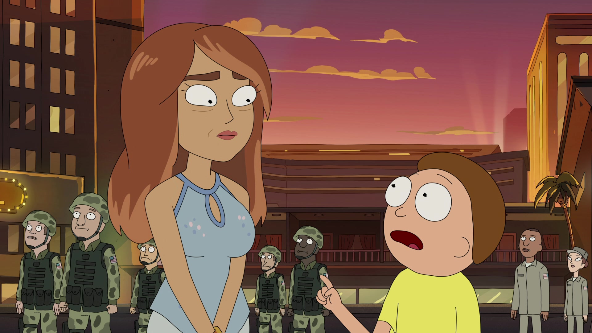 Kathy Ireland (Christina Ricci) asks Morty (Justin Roiland) a personal question in Rick and Morty Season 5 Episode 4 "Rickdependence Spray" (2021), Adult Swim