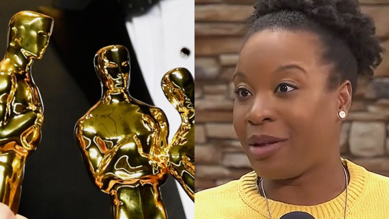 Split image of the Oscar statuettes and director Chinonye Chukwu