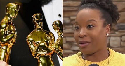 Split image of the Oscar statuettes and director Chinonye Chukwu