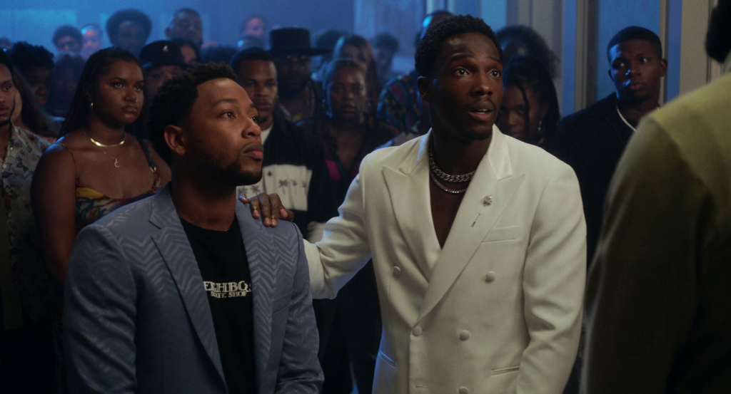 Kevin (Jacob Latimore) and Damon (Tosin Cole) attempt to explain themselves to Lebron James in House Party (2023), Warner Bros. Pictures