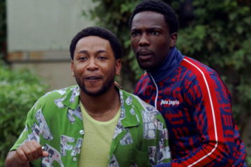 Kevin (Jacob Latimore) and Damon (Tosin Cole) are surprised by a visitor in House Party (2023), Warner Bros. Pictures