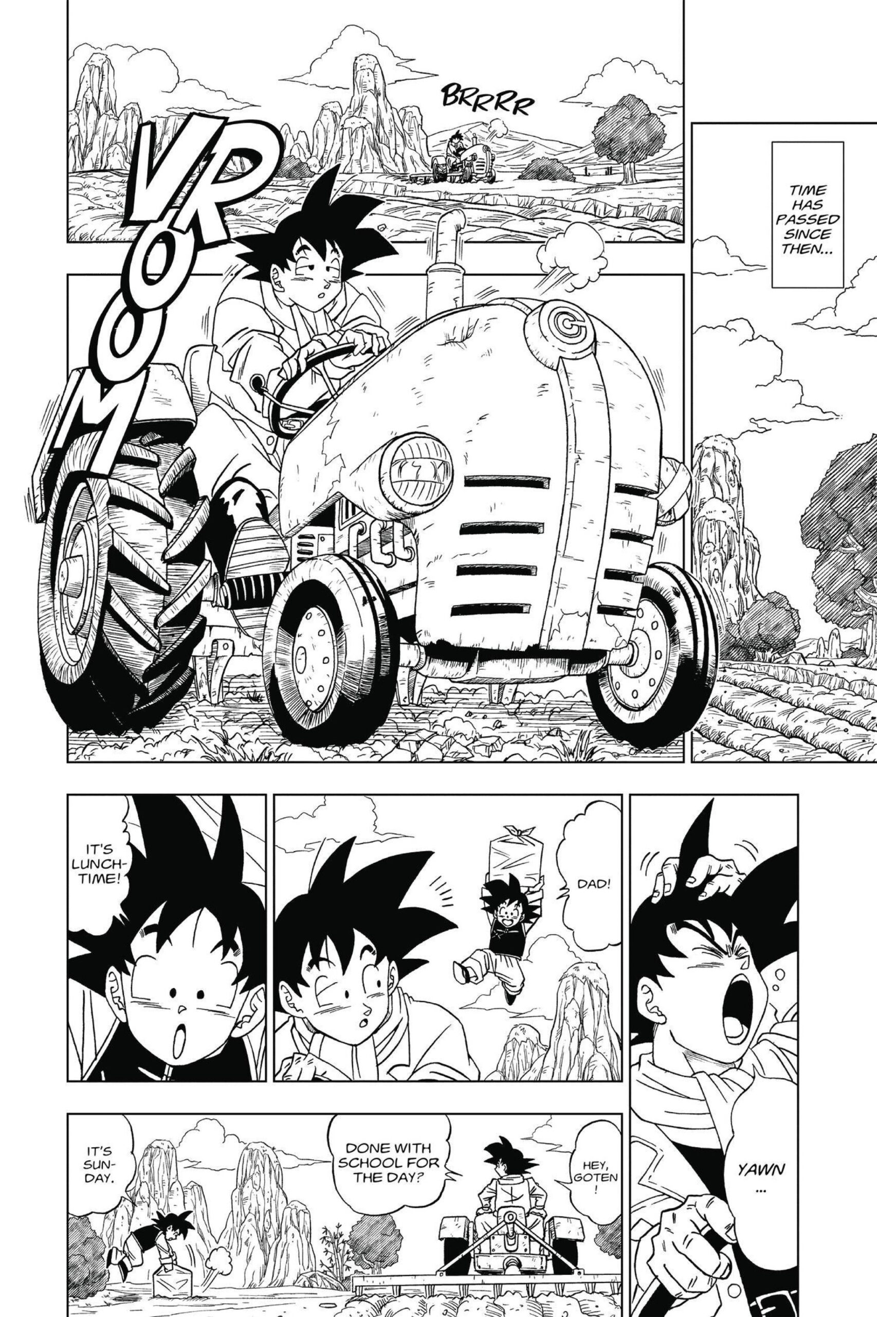 Goku e Goten se adaptam à vida na fazenda em Dragon Ball Super Ch. 1 “Premonição do Deus da Destruição” (2015), Shueisha