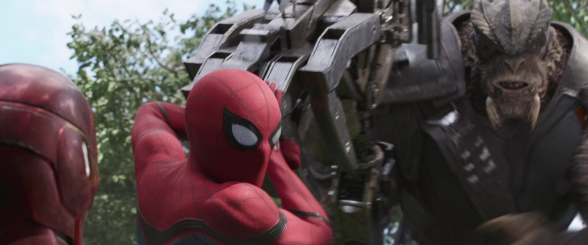 Spider-Man (Tom Holland) steps in to save Tony Stark (Robert Downey Jr.) from Cull Obsidian (Terry Notary) in Avengers: Infinity War (2018), Marvel Entertainment