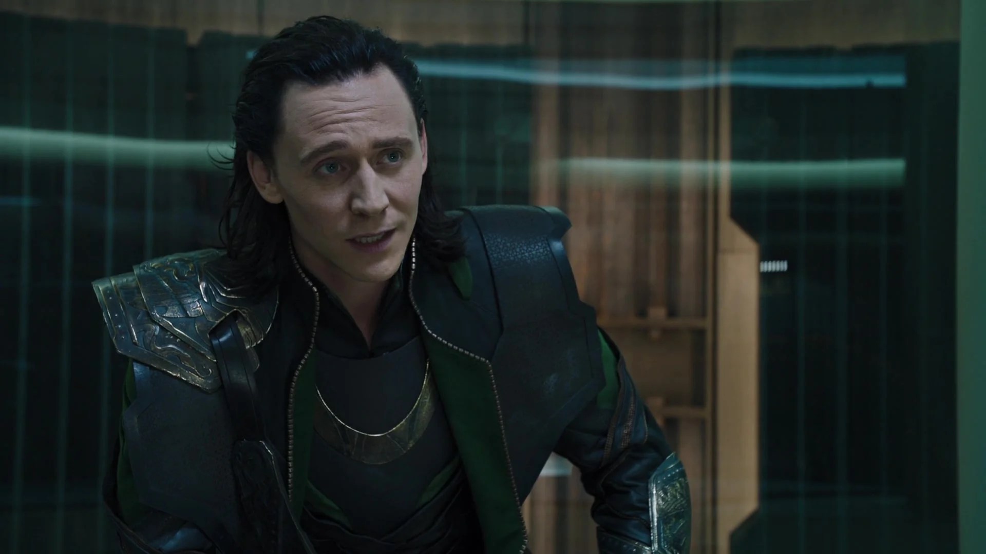 Loki (Tom Hiddleston) taunts Black Widow (Scarlett Johansson) while sitting in captivity aboard the Helicarrier in The Avengers (2012), Marvel Entertainment
