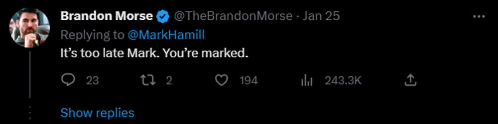 Brandon Morse has bad news for Mark Hamill on Twitter