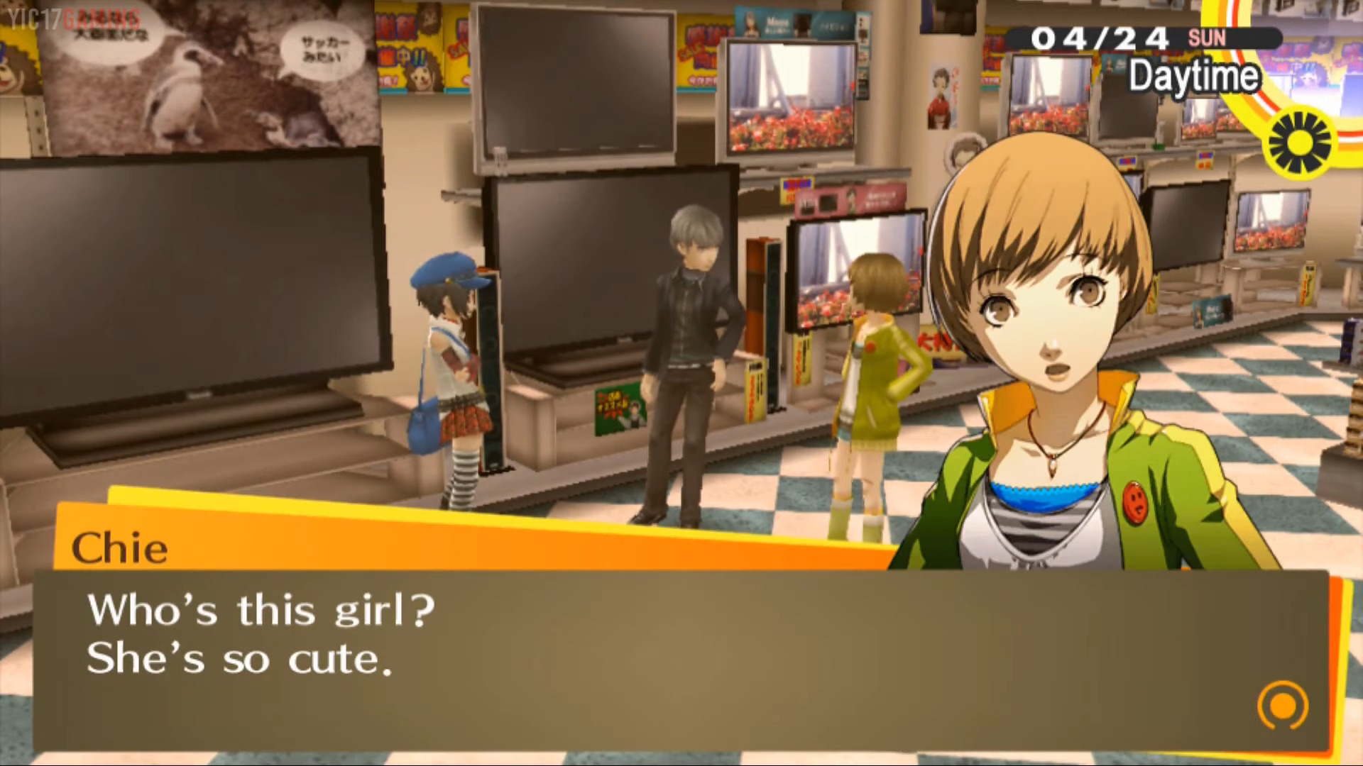 Chie Satonaka (Yui Horie) meets Marie (Kana Hanazawa) for the first time in Persona 4 Golden (2012), Atlus