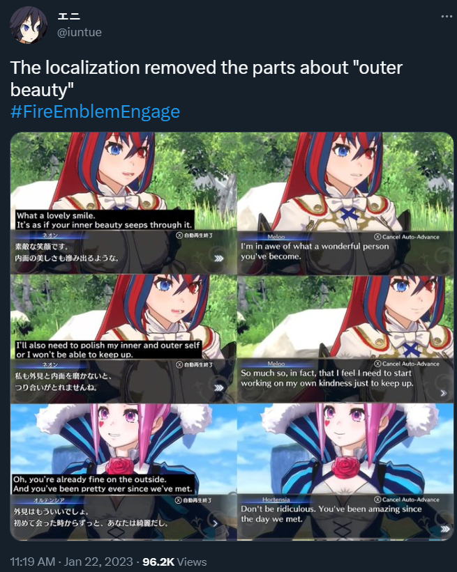 iuntue highlights how Fire Emblem Engage censors mention of inner and outer beauty in the English localization via Twitter