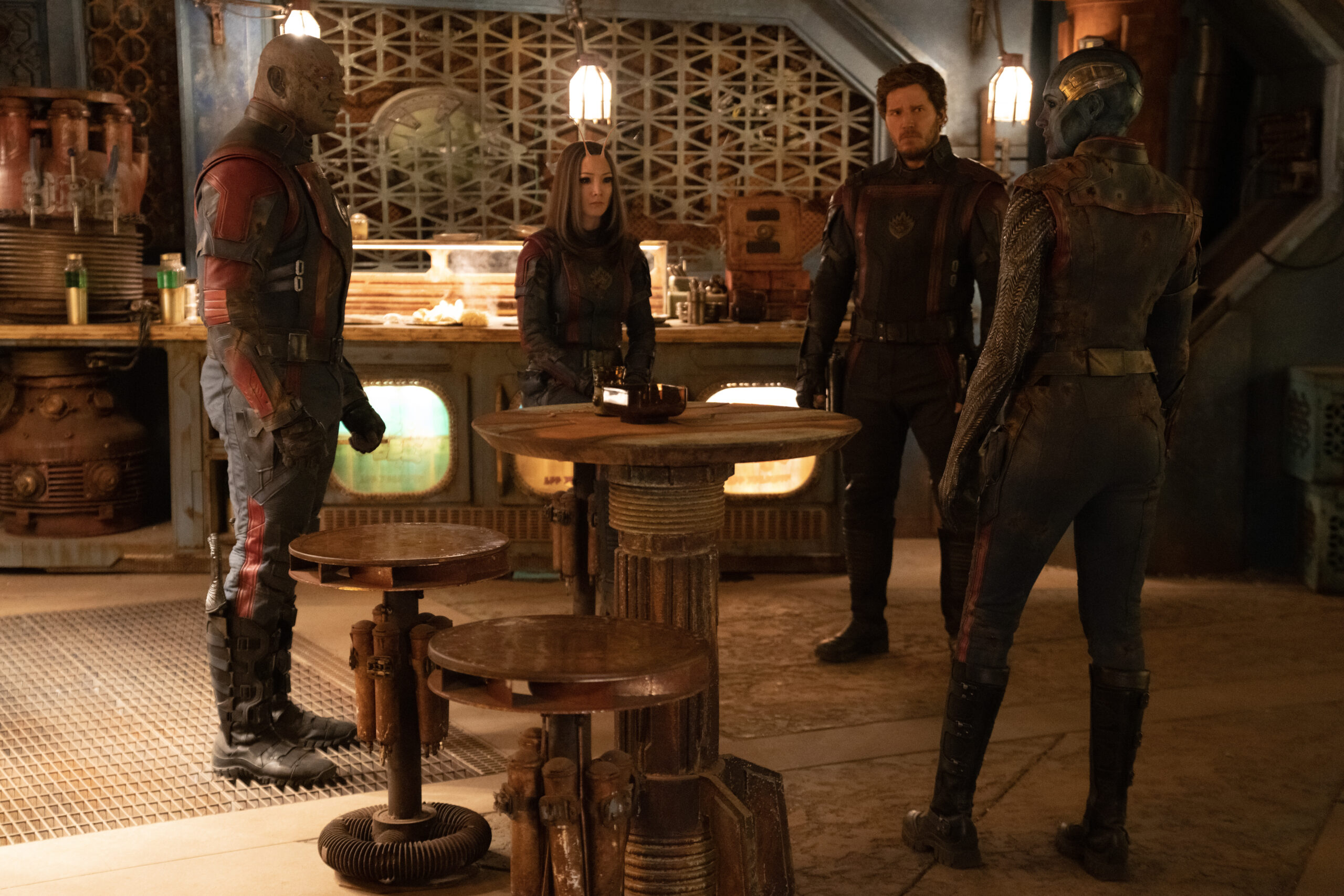 (L-R): Dave Bautista as Drax, Pom Klementieff as Mantis, Chris Pratt as Peter Quill/Star-Lord, and Karen Gillan as Nebula in Marvel Studios' Guardians of the Galaxy Vol. 3. Photo by Jessica Miglio. © 2022 MARVEL.