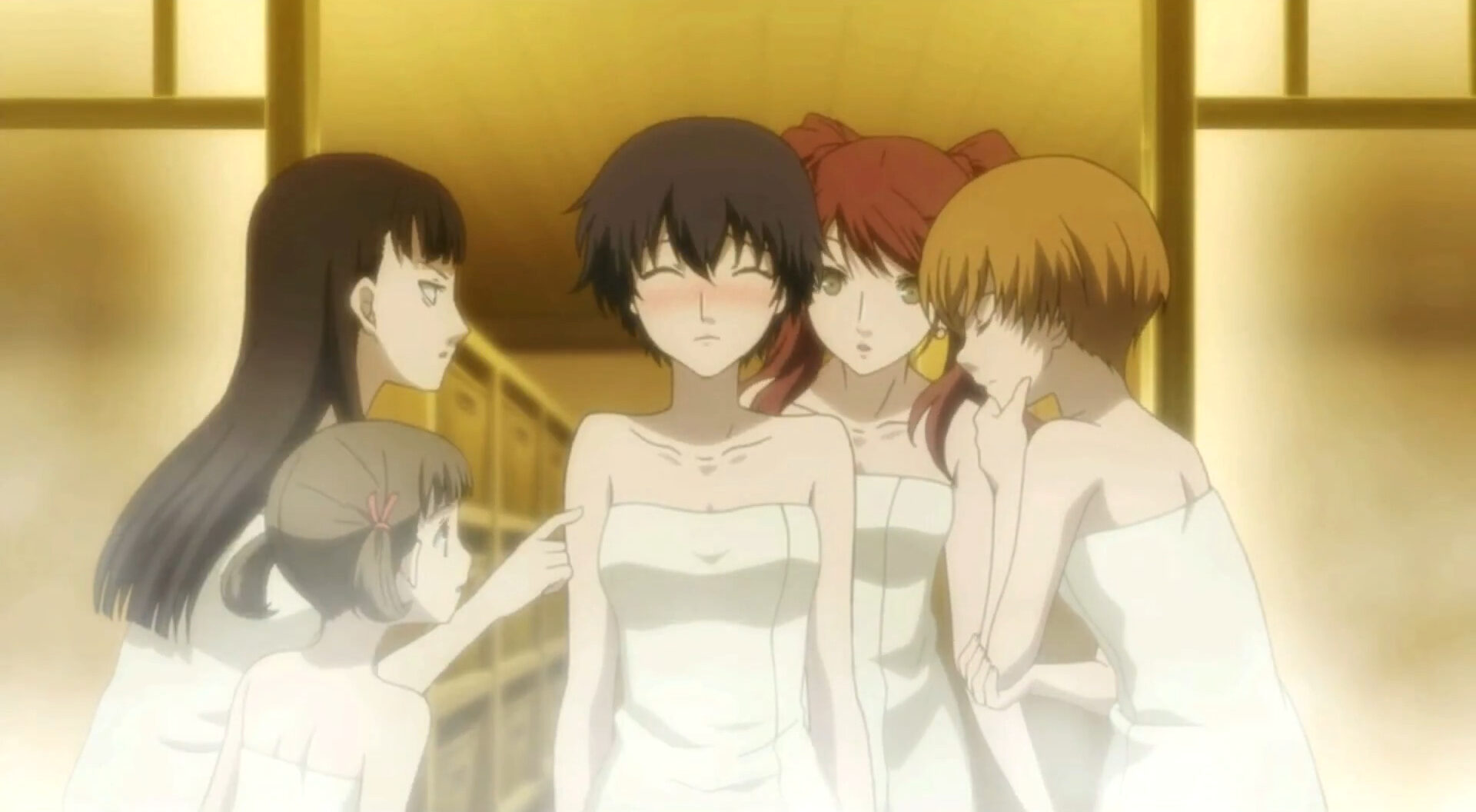 Chie Satonaka (Yui Horie), Rise Kujikawa (Rie Kugimiya), Yukiko Amagi (Ami Koshimizu) are surprised to see that Naoto Shirogane (Romi Park) has such a feminine body in Persona 4 Golden (2012), Atlus