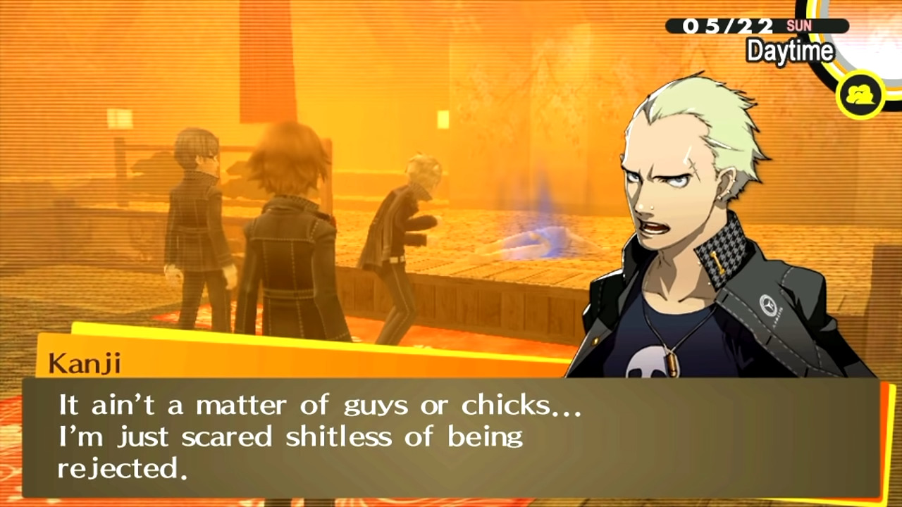 Kanji Tatsumi (Tomokazu Seki) comes to terms with his fear of rejection in Persona 4 Golden (2012), Atlus