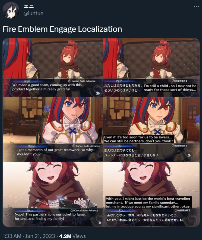 iuntue highlights how Fire Emblem Engage changes Anna's Pact Ring conversation in the English localization via Twitter