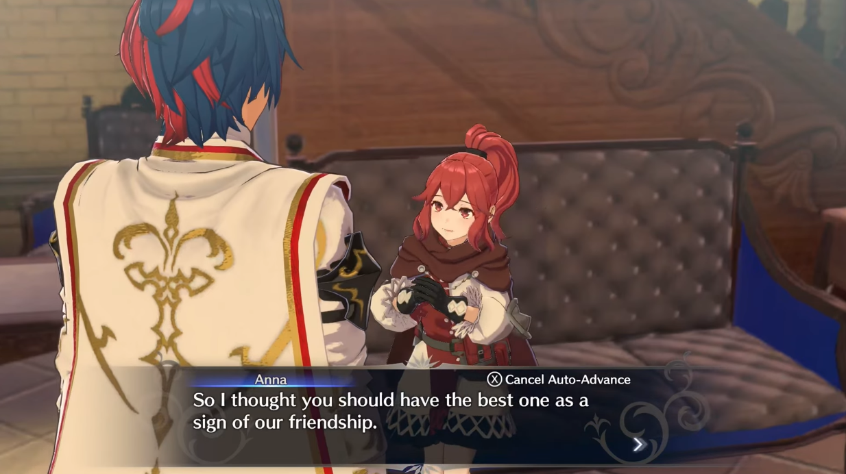 Anna gives the male player character a hand-made necklace during their Pact Ring conversation via Fire Emblem Engage (2023), Nintendo