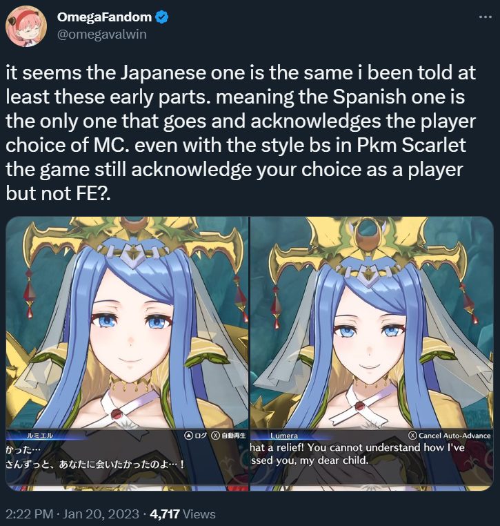 omegavalwin claims Fire Emblem Engage tends to honor the player's choice of a male or female protagonist more in the Spanish version, while English and Japanese attempt to avoid using pronouns or genders via Twitter