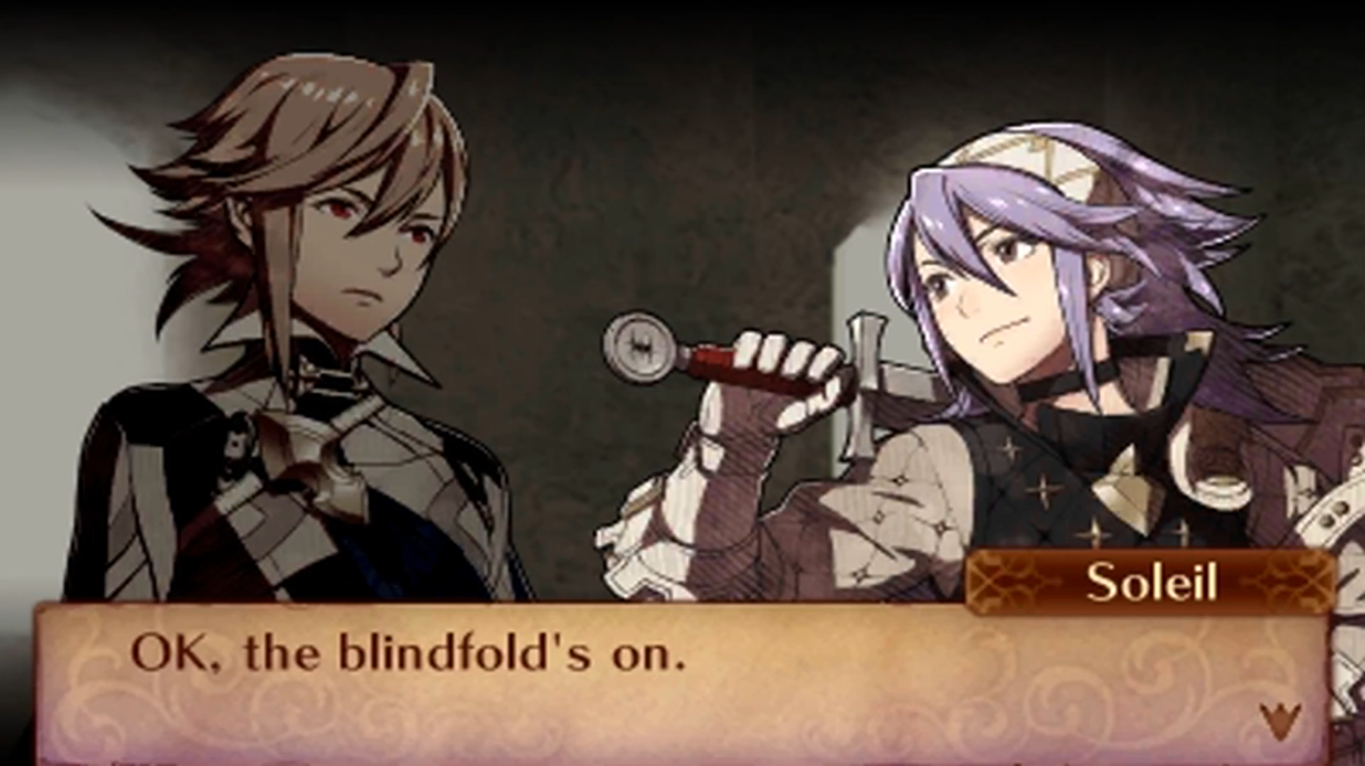 The male player character puts a blindfold on Soleil to help her combat her issues with girls via Fire Emblem Fates: Conquest (2015), Nintendo