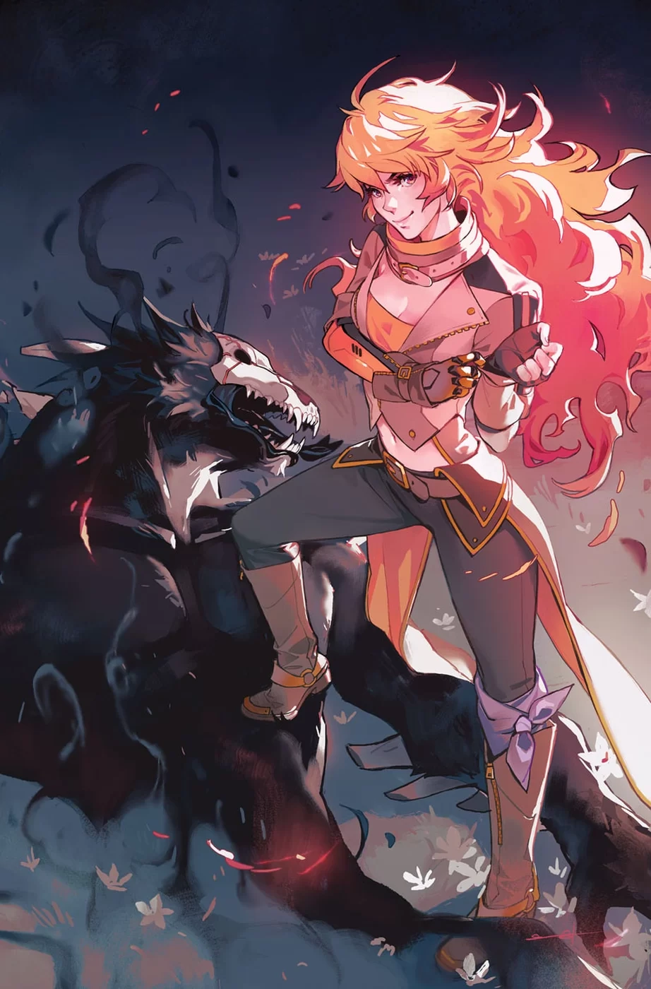 Yang stands triumphant over a Grimm on Sarah Stone's cover to RWBY Vol. 1 #4 "Yang, Part 2: Magic Words" (2020), DC