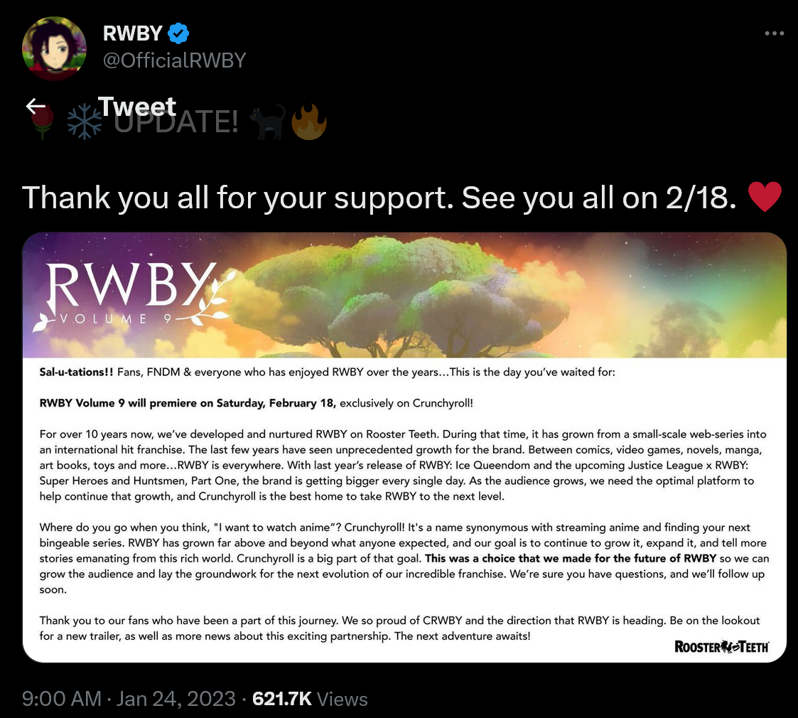 Rooster Teeth announce that RWBY Volume 9 will be a Crunchyroll Exclusive