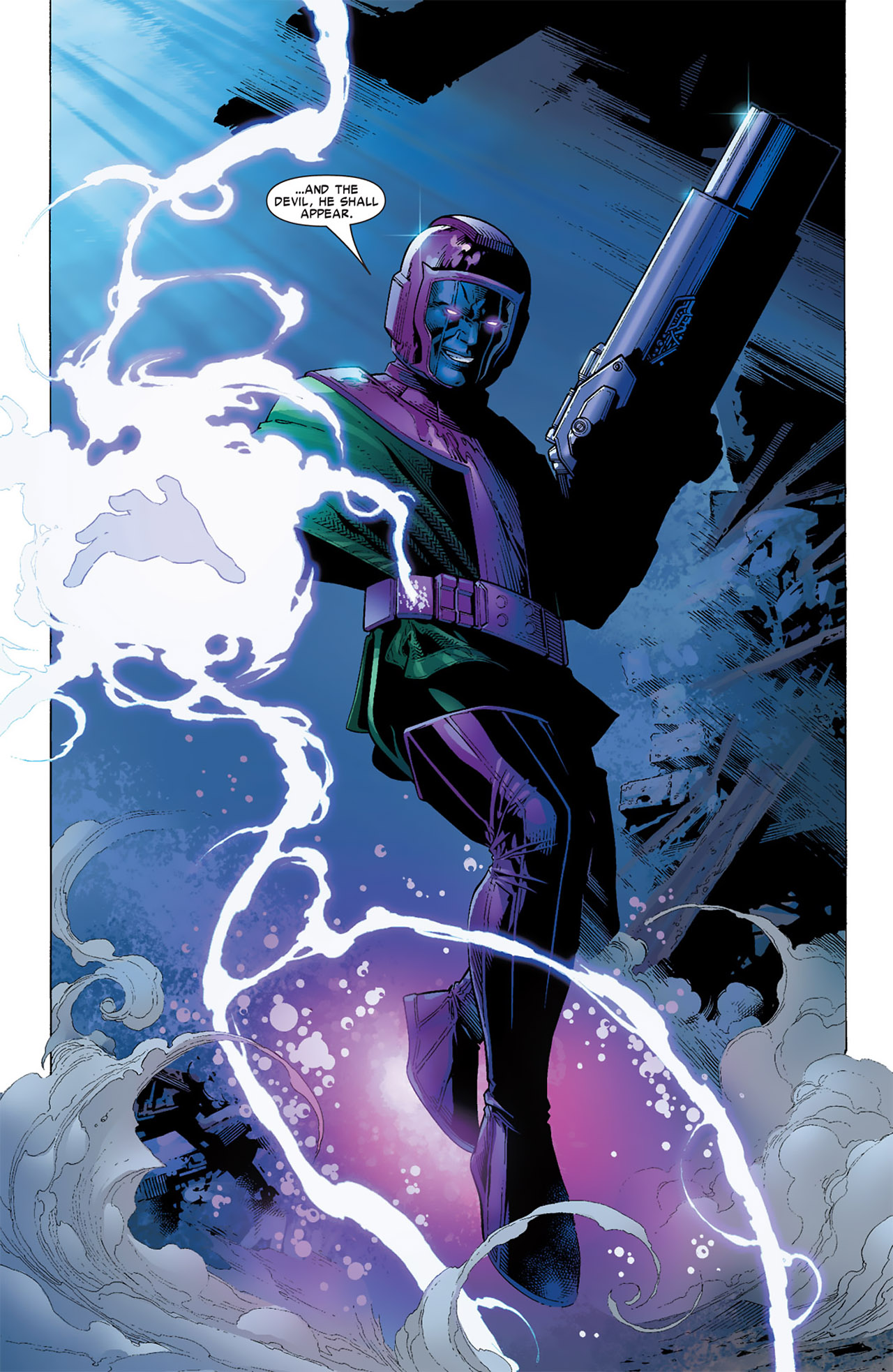 Kang appears before the Young Avengers in Young Avengers Vol. 1 #3 "Sidekicks (Part 3 of 6)" (2005), Marvel Comics. Art by Jim Cheung, John Dell, Justin Ponsor, and Cory Petit.