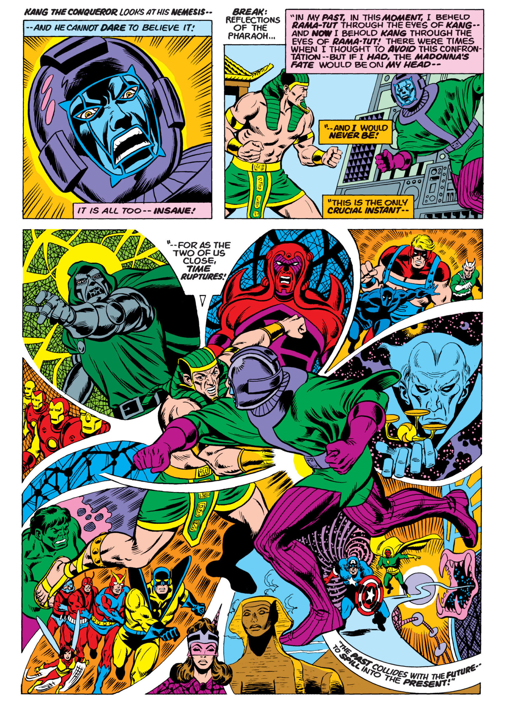 Kang grapples with Immortus in Giant-Size Avengers Vol. 1 #2 "A Blast From the Past" (1974), Marvel Comics. Art by Dave Cockrum, Bill Mantlo, and Tom Orzechowski.