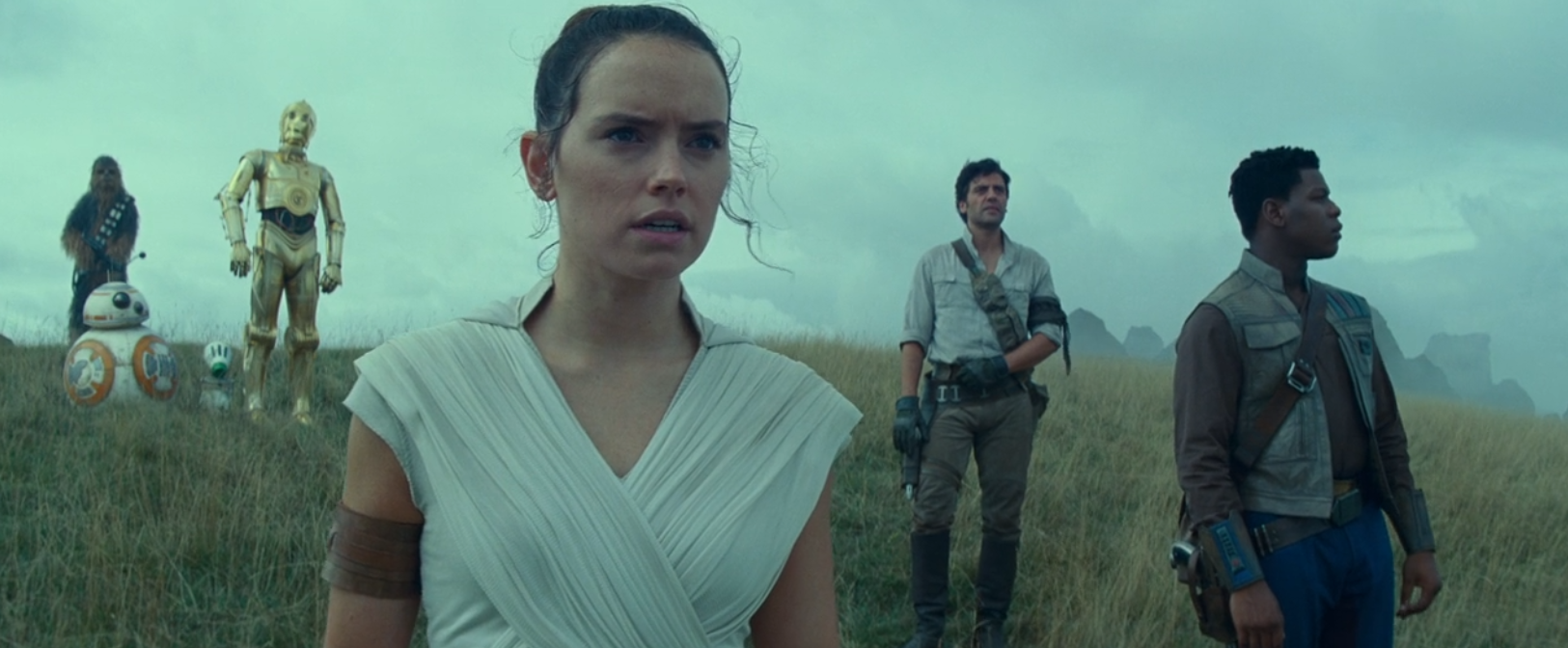 Daisy Ridley como Rey, Oscar Isaac como Poe Dameron e John Boyega como Finn em Star Wars: The Rise of Skywalker (2019), Lucasfilm