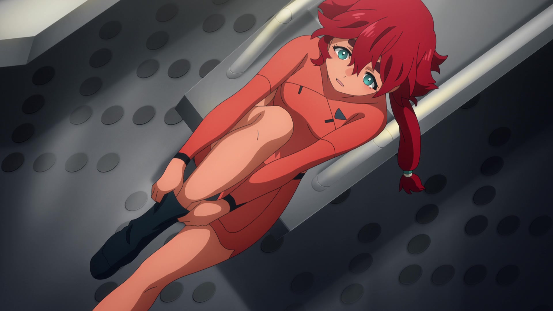 Suletta (Kana Ichinose) suits up in her new school uniform in Mobile Suit Gundam: The Witch from Mercury Episode 2 "Cursed Mobile Suit" (2022), Bandai Namco Filmworks