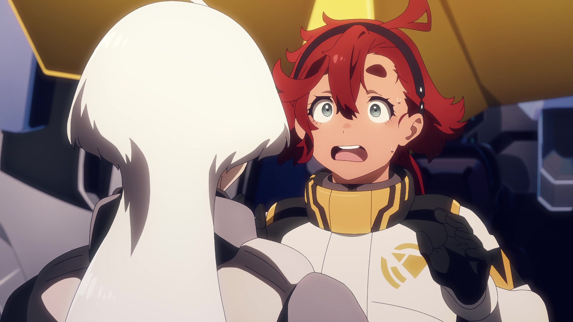 Suletta (Kana Ichinose) is surprised by Miorine's 'marriage proposal' in Mobile Suit Gundam: The Witch From Mercury Episode 2 "The Witch and the Bride" (2022), Bandai Namco Filmworks