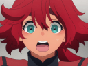 Suletta (Kana Ichinose) is shocked in Mobile Suit Gundam: The Witch from Mercury Episode 2 "Cursed Mobile Suit" (2022), Bandai Namco Filmworks